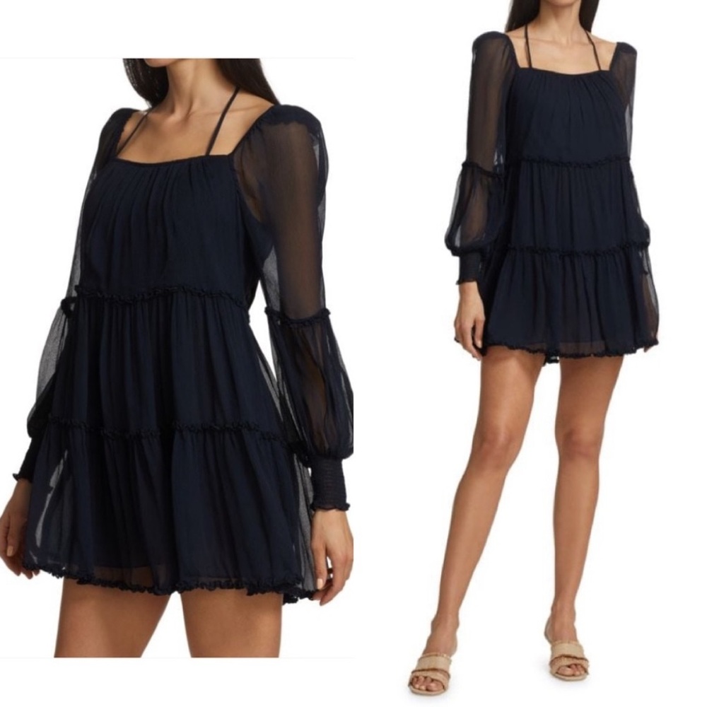 Cinq à Sept Zinia Tiered Halterneck Mini Dress | Size‎ 8 | Midnight Navy